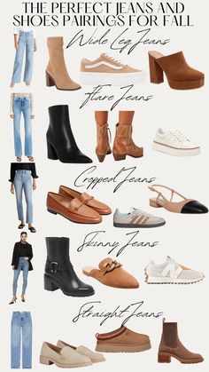 The Perfect Jeans and Shoes Pairings for Fall! Trending Clothes 2024 Fall, 2024 Fall Trends Fashion, Best Shoes To Wear With Jeans, Fall Shoes 2024 With Jeans, Fall Fashion Ideas 2024, Trouser Jeans Outfit Winter, Fall 2024 Accessories, Pairing Shoes With Pants, Pairing Shoes With Outfits