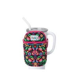 Swig Life Caliente Neoprene Mega Mug Pouch with Zipper on a White 40oz Mega Mug Mega Mug, Otomi Embroidery, Solid Black Background, Zippered Pouch, Linen Spray, Handbag Charms, Star Spangled, Cute Cups, Drop Off