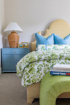 a bedroom with a bed, nightstands and lamp on the side table in front of it