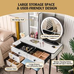 an image of a bedroom with furniture and accessories labeled in the text below that reads large storage space & user - friendly design