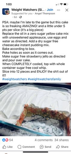 an image of a cake with white frosting in a baking dish on twitter for weight watchers