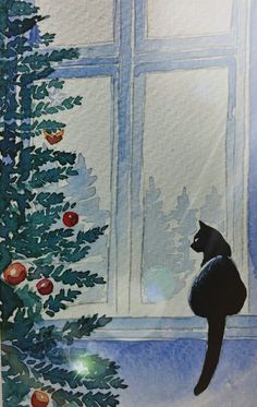 a painting of a black cat sitting next to a christmas tree in front of a window