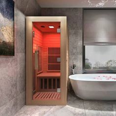 a bath room with a tub and a painting on the wall