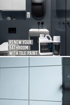 two images show the same bathroom with different colors and finishes, one is white and the other is blue