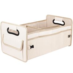 the large storage bag is open and has two compartments on each side, one for storing items