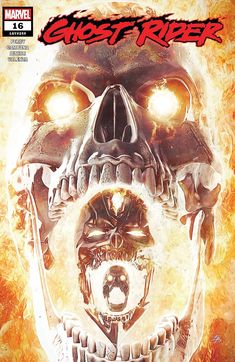 the cover to ghost rider, featuring a skull with glowing eyes and flames in the background