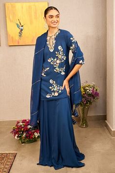 Blue kurta with thread embroidery in floral pattern. Paired with lehenga and dupatta. - Aza Fashions Semi-stitched Blue Palazzo Set For Reception, Blue Semi-stitched Palazzo Set For Reception, Blue Kurta For Reception And Navratri, Blue Kurta For Reception During Navratri, Blue Salwar Kameez With Gota Work For Reception, Blue Sharara With Gota Work For Festive, Blue Georgette Sharara With Gota Work, Blue Kurta With Sheer Dupatta For Reception, Royal Blue Sharara With Zari Work