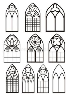 set of nine stained glass windows in different shapes and sizes, isolated on white background