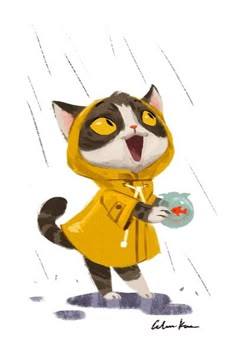 a drawing of a cat in a raincoat