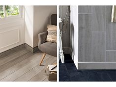 two pictures side by side, one in grey and the other in white with wood flooring