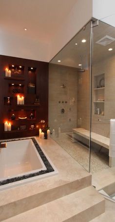 a bath room with a large tub and a sink inside of it's walls