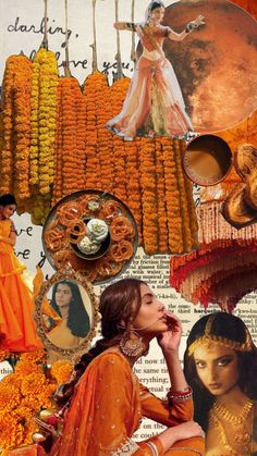 collage of women in orange and gold clothing, flowers, jewelry, and pictures