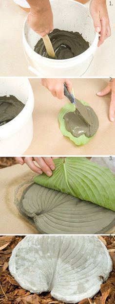 the steps to make a flower pot out of clay and leaves are shown in three different ways