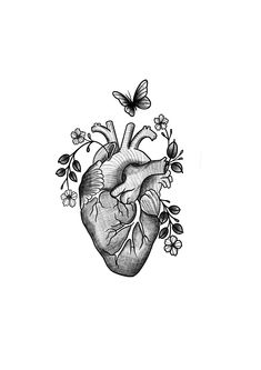 a drawing of a heart with flowers and butterflies