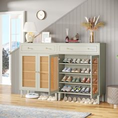 there is a shoe rack with many pairs of shoes on it in the living room