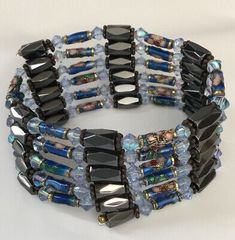 Hematite Cloisonne Bead Wrap Bracelet Necklace Magnetic Blue Black 38” | eBay Blue Bracelet With Black Beads Jewelry, Handmade Blue Costume Jewelry Bracelets, Blue Bracelet With Black Beads, Blue Hematite Jewelry As A Gift, Vintage Blue Beaded Bracelets With Round Beads, Blue Hematite Jewelry For Gift, Adjustable Magnetic Jewelry With Round Beads, Black Hematite Bead Jewelry, Blue Beaded Hematite Jewelry