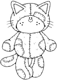 a black and white drawing of a cat sitting on top of a stuffed animal toy