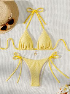 Amarillo Sexy Collar   Liso  Embellished Elástico Alto Yellow Bikinis, Shein Bikinis, Yellow Bathing Suit, Yellow Swimwear, Yellow Swimsuit, Yellow Swimsuits, Diy Clothes Life Hacks