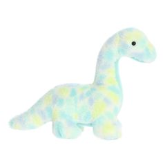 a stuffed toy dinosaur is shown against a white background and has blue, yellow, and green spots on it's body