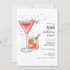 a 50th birthday party card with a pink drink and garnish