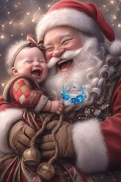 a painting of santa claus holding a baby in his lap and smiling at the camera