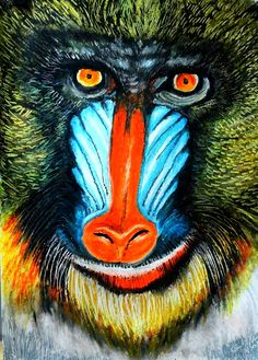 a painting of a monkey's face with blue and orange stripes on its chest