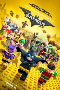 the lego batman movie poster is shown in english and chinese characters are depicted on yellow background