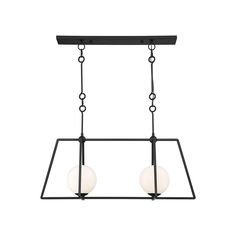 three lights hanging from a metal frame with two white balls on the bottom and one black rod