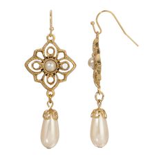 Golden Allure Teardrop Faux Pearl Dangling Earrings Elegant Filigree Teardrop Earrings, Vintage Pear-shaped Pearl Drop Jewelry, Elegant Nickel-free Teardrop Earrings For Formal Occasions, Classic Gold Baroque Earrings, Elegant Gold Pearl Earrings Nickel-free, Elegant Gold Pearl Earrings Nickel Free, Gold Vintage Pearl Earrings Nickel Free, Ornate Gold Drop Pearl Earrings, Ornate Gold Pearl Drop Earrings