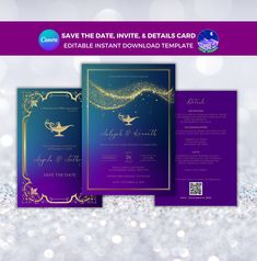 an elegant purple and gold wedding card with glitters in the background, on top of a