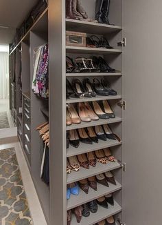 an organized closet with lots of shoes