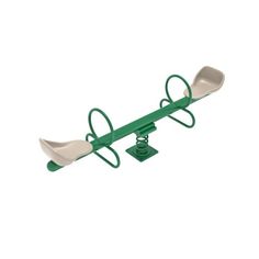 two green and white spoons sitting on top of a metal stand with one in the middle