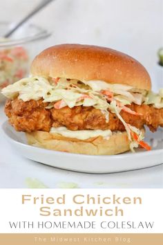 fried chicken sandwich with homemade coleslaw on a plate