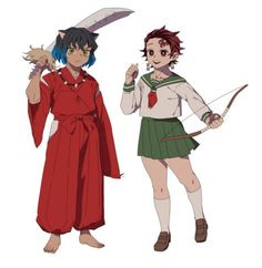 two anime characters dressed in red and green outfits, one holding an arrow while the other holds