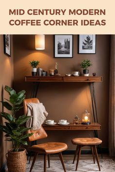 Explore creative mid-century modern coffee corner ideas with stylish decor and comfortable leather seating. This pin highlights the charm and comfort of retro-inspired spaces for coffee lovers. Artistic Decor, Tiny Apartment, Chic Leather, Mid Century Modern Style