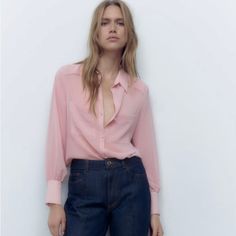 Collared Shirt With A V-Neckline And Long Sleeves. Front Patch Pockets. Button-Up Front With Matching Covered Buttons. Pink | 3564/192 Sheer Pink Button Up, Zara Feminine Button-up Tops, Feminine Zara Button-up Top, Pink V-neck Office Top, Pink V-neck Top For Office, Pink Feminine V-neck Shirt, Zara V-neck Workwear Shirt, Zara V-neck Shirt For Workwear, Zara V-neck Shirt For Work