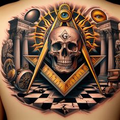 a man's back with an all seeing skull and masonic symbols in the center