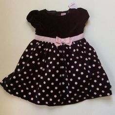 Pink And Black Velvet Christmas Dress. Adorable Polka Dots And Bow With Lining And Tulle Underneath For Cute Puff! Pink Short Sleeve Winter Dresses, Cute Black Dress For Playtime, Black Velvet Christmas, Velvet Christmas Dress, Velvet Christmas, Holiday Dress, Christmas Dress, Pink And Black, Holiday Dresses