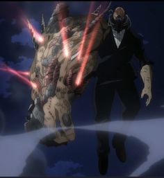 an anime scene with two men in suits and one is holding the arm of another man