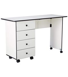 a white desk with four drawers and black handles on wheels, against a white background