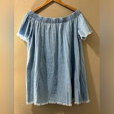 Elevate Your Wardrobe With This Timeless Piece From Forever 21! Our Soft, Size M, Light Blue Denim Off-Shoulder Babydoll Dress Is In Pristine Condition, Never Worn And New Without Tags. With Charming Fringed Sleeves And A Playful Fringed Bottom, It’s The Perfect Blend Of Style And Comfort. Don’t Miss Out On This Fashion Essential Grab Yours Today! Light Wash Short Sleeve Mini Dress For Summer, Casual Short Sleeve Dresses By Forever 21, Casual Short Sleeve Dresses From Forever 21, Casual Dresses With Frayed Hem And Short Sleeves, Casual Short Sleeve Dress With Frayed Hem, Casual Dresses With Short Sleeves And Frayed Hem, Denim Tops For Spring Mini Length, Denim Mini Top For Spring, Casual Cotton Dresses By Forever 21