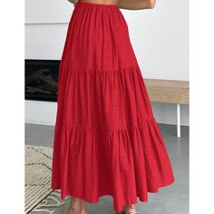 Red Cotton Blend Swing Maxi Skirt with Pockets Red Casual Midi Skirt, Casual Red Midi Skirt, Casual Red Long Skirt, Red Tiered Maxi Skirt For Beach, Red Tiered Maxi Skirt For The Beach, Casual Red Non-stretch Maxi Skirt, Red High Waist Skirt For Summer, Casual Non-stretch Red Maxi Skirt, High Waist Red Skirt For Summer