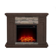 an electric fireplace with a brick surround and fire place in the center, on a white background