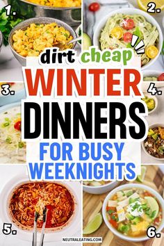 a collage of different dinner dishes with text overlay that reads dirt cheap winter dinners for busy nights