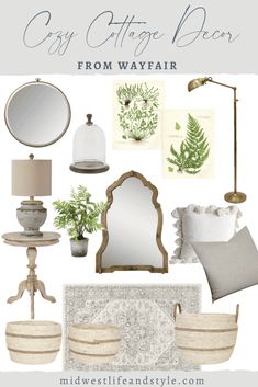 a collage of furniture and decor with text overlay that reads cozy cottage decor from wayfair