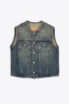 Sandblasted blue denim vest with metal buttons fastening. Two chest pockets with flap. Crooped fit. Composition: 100% cotton. Made in Italy. | MM6 Maison Margiela Women's Gilet Sandblasted blue denim vest in Denim Sandto | SS24 Mm6 Maison Margiela, Jeans Jumpsuit, Yoga Wear, Metal Buttons, Denim Vest, Luxury Retail, Bridal Shoes, Dress Codes, Short Pants