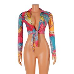 Sexy Slim-fit Print Tie Tape Long Sleeve T-shirt Fitted V-neck Top For Club, Fitted Printed Pink Tops, Fitted Pink Printed Tops, Summer Stretch Multicolor Shirt, Multicolor Stretch Summer Shirt, Summer Multicolor Stretch Shirt, Fitted V-neck Tops With Graphic Print, Fitted V-neck Top With Graphic Print, Trendy Fitted Crop Top Shirt