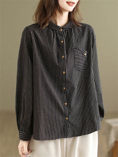 Description Product ID: TP2033514 Material: Cotton, Linen Pattern: Stripe Sleeve: Long Sleeve Closure Type: Button Season: Spring, Autumn Style: Casual Occasion: Daily, Office, Gifts Package included: 1 * Shirt Size Chart(Asian Size): Please allow 1-3 cm measured error. Size Length Chest Shoulder Sleeve Length M 64cm | 25.2 in 104cm | 40.9 in 39cm | 15.4 in 56cm | 22.0 in L 65cm | 25.6 in 108cm | 42.5 in 40cm | 15.7 in 57cm | 22.4 in XL 66cm | 26.0 in 112cm | 44.1 in 41cm | 16.1 in 58cm | 22.8 in XXL 67cm | 26.4 in 116cm | 45.7 in 42cm | 16.5 in 59cm | 23.2 in Casual Black Top With Button Cuffs, Black Button-up Top With Placket, Black Cotton Blouse With Buttons, Black Cotton Office Blouse, Black Cotton Blouse For The Office, Casual Black Blouse With Button Closure, Striped Button Blouse For Work, Black Tops With Placket For Office, Black Office Blouse With Pockets