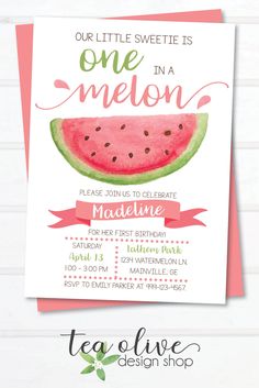 a watermelon birthday party card with the words one in a melon on it