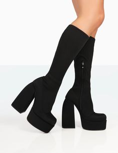 Jayce Black Nylon Chunky Square Toe Platform Boots | Public Desire Become The Main Character, Block Boots, Platform Knee High Boots, Public Desire Shoes, 6 Inch Heels, Public Desire, Boots Uk, Main Character, Grab Bags